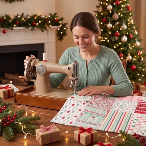 HunnmingRe 20 Pcs 10''x10'' Pastel Christmas Quilting Fabric Square Pink Green Precut Quilted Fabric Bundle Reindeer Xmas Tree Sewing Material for Winter Patchwork Scrapbook Junk Journal DIY Craft