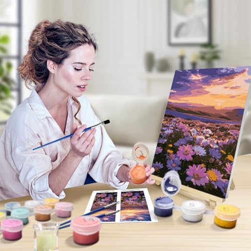 JOOZ Flowers Paint by Numbers Kit for Adults with Frame, Sunset Mountain Paint by Number with Easel, DIY Adult Paint by Number Kits on Canvas Landscape for Home Wall Decor 8 x 12 Inch