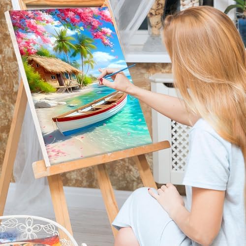 Bowetile Framed Landscape Paint by Numbers Kit for Adults, Adults' Paint-by-Number Kits on Canvas, Painting by Numbers Seaside, Acrylic Boat Number Painting for Home Wall Decor, 8x12in