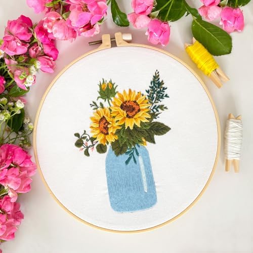 Myfelicity Embroidery kit,Floral Embroidery Art Kit, Set of 3, Decorative Pitcher Designs with Sunflowers and Wildflowers