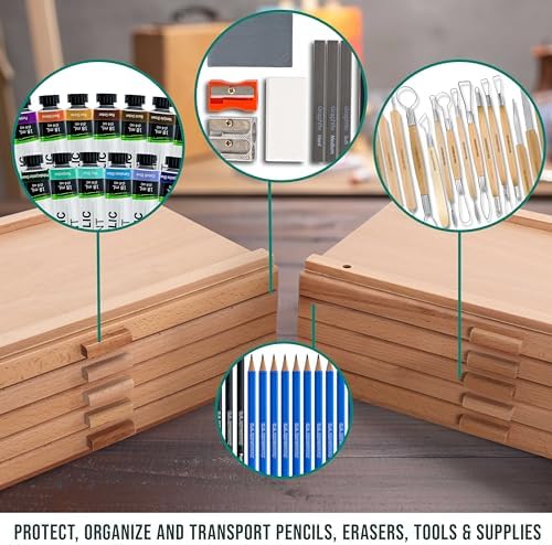 U.S. Art Supply 10-Drawer Artist Tool Supply Box with Storage Drawers | 5 Compartments per Drawer - Hardwood Art Box for Artist Supplies, Brushes, Pencils, Erasers, Tool Storage Organizer Case