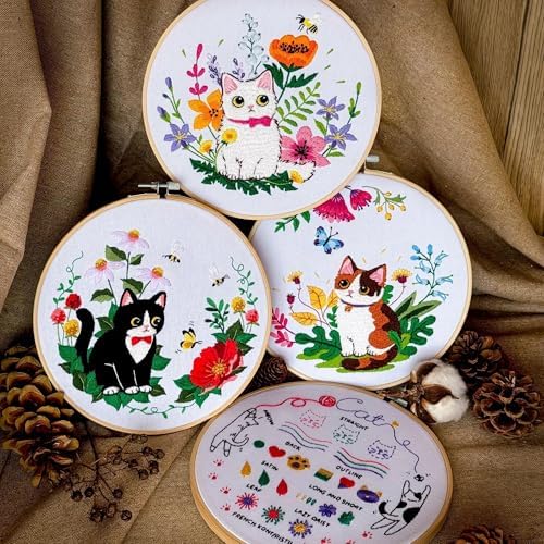 4-Piece Cat Embroidery Kit for Beginners, Needle Point Kit Adults Beginner