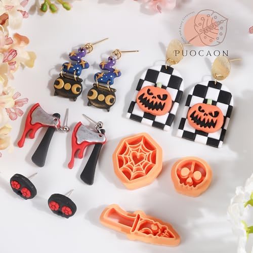 Puocaon Halloween Polymer Clay Cutters - 18 Pcs Horror Ghost Bat Halloween Clay Cutters for Polymer Earrings Jewelry Making Thriller Movie Design