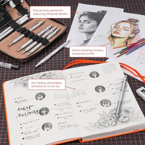 Nicpro 30PCS Silver Metal Mechanical Pencils Set in Leather Case | Art Drafting Pencil 0.5-0.9 mm, 2mm Lead Pencil Holders for Sketching Drawing, 16 Tube (6B 4B 2B HB 2H 4H Colors)Lead Refills