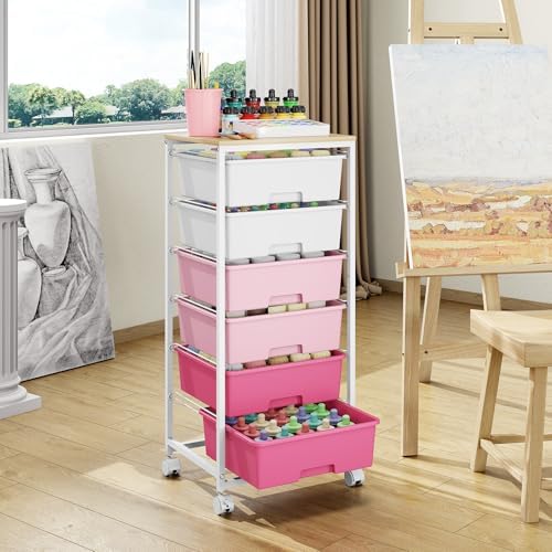 6 Drawer Rolling Storage Cart with Wooden Top and Wheels for Crafts, Pink