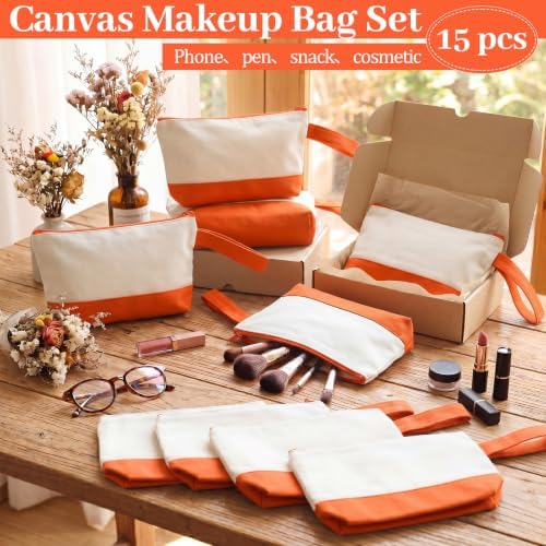 Silkfly 15 Pcs Cotton Canvas Makeup Bags Cosmetic Zipper Bags 10.2 x 5.5 x 2'' Blank DIY Pouch Bulk Pencil Case with Bottom Travel Toiletry Pouch for Women Craft Decor Gift (Beige and Orange)