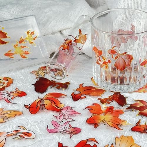 50PCS Gold Stamp Stickers Goldfish Aesthetic PET Travel Journal Decal Waterproof Decorative Decals for Scrapbook DIY Crafts Album Bullet Journal Planner Water Bottles Laptop Phone (Gold Stamp-A)