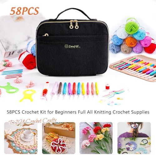 MYBAGZING Crochet Kit for Beginners with Yarn Storage Bag, 10pcs Crochet Hooks 2.0-6.0 mm, 10 Skeins Yarn for Crocheting, Knitting Accessories, 58pc Crochet Starter Kit for Adults