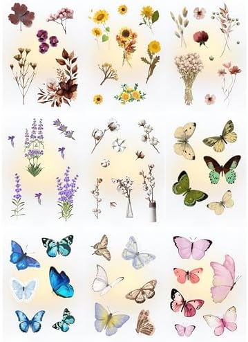 Transparent Flower and Butterfly Stickers for Scrapbooking, Journaling - Vintage Clear Floral Stickers - Waterproof Vinyl Nature and Aesthetic Decals, Gifts for Women & Men