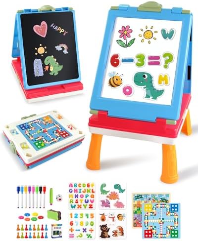 Elovien Easel for Kids, 4 in 1 Double Sided Art Easel with Chalkboard & Magnetic Whiteboard, Foldable Kids Tabletop Easel with Drawing & Writing Accessories - Gift for Boys and Girls (Blue)