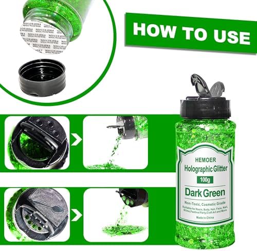 HEMOER Dark Green Glitter, 100g/3.5oz Holographic Chunky Glitter Mixed Hexagon Chunky & Fine Flakes Iridescent Sequins for Epoxy Crafts, Resin, Nail Body, Tumblers, Festival Party