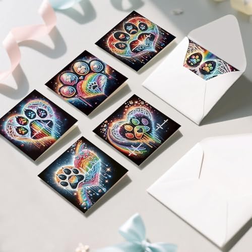 6 Pack Diamond Painting Greeting Cards with Envelopes, DIY 5D Diamond Art Card Kit Colorful Artistic Paw Designs, 30x15cm Handmade Rhinestone Cards Crafts for Pet Lovers and Creative Greetings