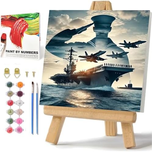 Navy Paint by Numbers Kit for Adults Beginner, Paint by Numbers 10x10 Inch | Framed Paint by Numbers with Easel, Acrylic Painting by Numbers, DIY Arts and Crafts for Gifts or Home Decor