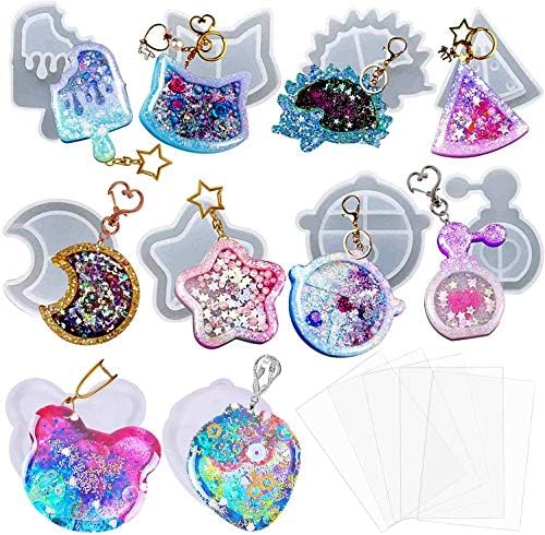 Larcenciel 15pcs Resin Casting Shaker Molds Set, 10pcs Epoxy Quicksand Silicone Molds with 5pcs PVC Sheets, Resin Shaker Mold for Pendant Jewelry Keychain Decoration Craft Making DIY