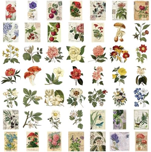50Pcs Vintage Plant Stickers Pack, Aesthetic Flowers Stickers for Scrapbook Journaling Water Bottle Kindle Laptop Skateboard Guitar, Waterproof PET Transparent Sticker