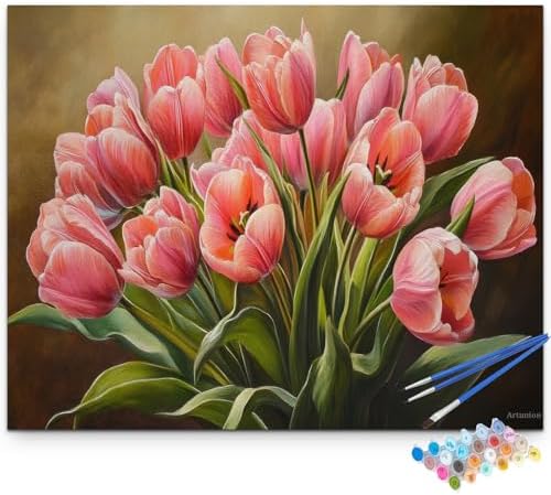Artunion Pink Tulip Flower Paint by Numbers Kit for Adults,Pink Flower Paint by Number Kits, DIY Oil Painting Paint by Number Kits on Canvas Arts Craft for Home Wall Decor 16x20 Inch