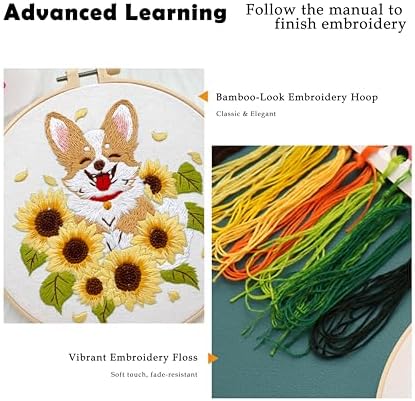 Sunflower Dog Embroidery Kit for Beginners Handmade Gift