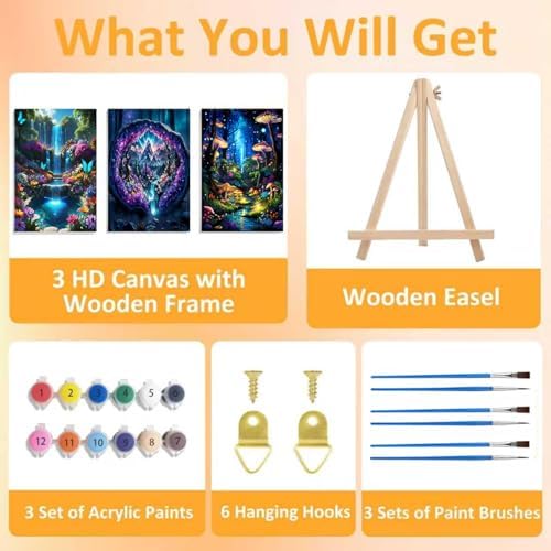 3 Pack Framed Paint by Numbers for Adult with Wooden Easel (8x12 inch) | Dream Forest Paint by Number on Canvas Oil Painting Kit with Brushes, Easy Adults' Paint-by-Number Kits for Home Wall Decor