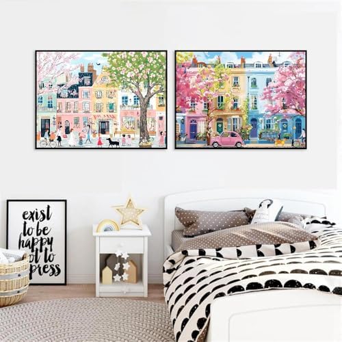 Clendo 4 Packs City Scene Paint by Numbers Kits for Adults, DIY Paris Street Adult Paint by Number Kits on Canvas, Easy Acrylic Painting Kits for Home Decor 12x16 Inch(Without Frame)