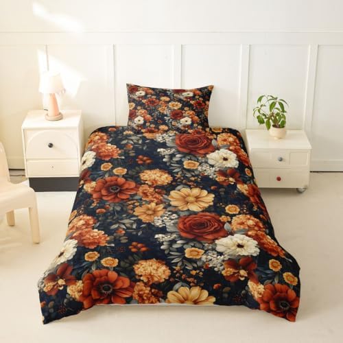 Erosebridal Boho Floral Duvet Cover Toddler Size Bohemian Flower Botanical Bedding Set for Kids Boys Girls Rustic Farmhouse Floral Comforter Cover Abstract Flowers Bedclothes Room Decor