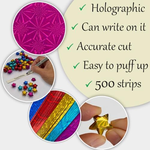 500-Strips Holographic Foil Paper Strips for Making Origami Stars, Lucky Stars, Puff Stars. Reflective Mirror Shiny Paper Strips, 0.5 x 11 inch. (Holographic Mix, 500)
