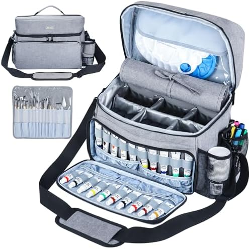 Acrylic Paint and Brush Set Organizer Bag - Carrying Case Compatible with Apple Barrel, Shuttle Art, Caliart Art Supplies - Includes Detachable Paint Brush Holder - for Travel/Outdoor Sketching (Gray)