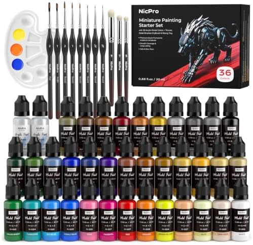 Nicpro All-In-One Miniature Painting Kit, 36 Colors Starter Model Paint Set