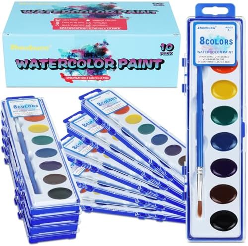 Watercolor Paint Set for Kids - Bulk Pack of 10, 8 Colors Washable Water Color Paints Sets with Paintbrush, Kids Watercolor Paint Set for Coloring, Art, Classrooms and Easter Paint Supplies