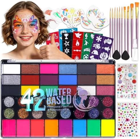 Face Painting Kit for Party, 42 Color Non-Toxic Water Activated Face Paint Palette for Artist Festival Stage Cosplay Birthday Parties Makeup Set with Stencils, Gems, Brushes TA641KIT