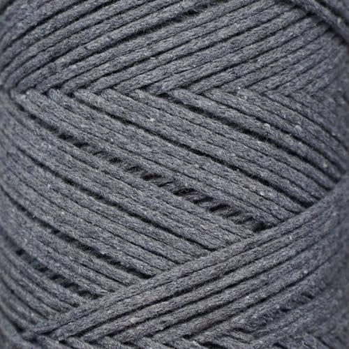 Makromecity, Cotton Macrame Cord 2mm x 195 Yards (590 feet) 2mm Recycled Cotton Crochet Yarn for Macrame Art & Crafts for Wall Hangings, Bags, Underplate, Rug (25 Colors Available) (Dark Grey)