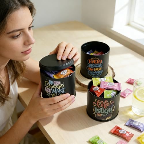 12 Pack 10 oz Candle Tins with Lids – Empty Candle cans for Candle Making, Black Decorative Candle Tins with Inspirational Quotes, Metal Candle Containers Making Supplies for Home DIY & Small Business