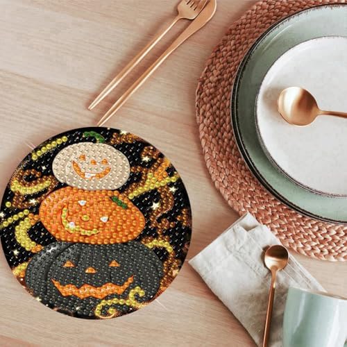 ijbnhd 8 Pcs Halloween Diamond Art Coasters Kits (Cork Wooden Pad)