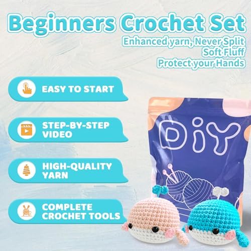 YAMAXIN Whale Crochet Kit for Beginners, Whale Marine Animal Easy Learn to Starter Amigurumi Knitting Kit and Yarn Craft Kits for Adults DIY with Step-by-Step Video Tutorials