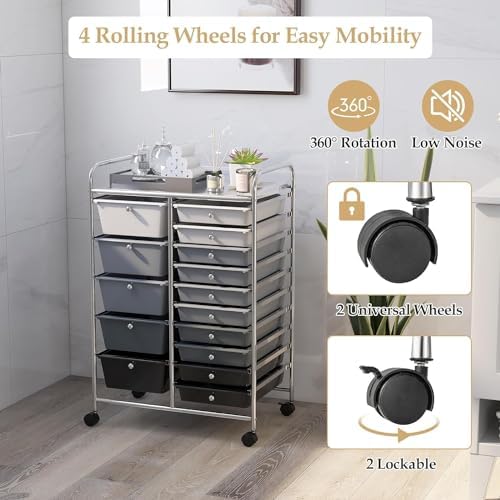 LDAILY 15 Drawer Rolling Storage Cart, Rolling Cart with Drawers for Classroom, Art Supply Craft Organizer on Wheel with Metal Frame & Handles for Home Office School