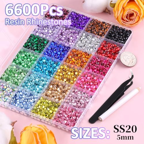 6600Pcs Resin Rhinestones for Bedazzling with Tweezers, Multicolor 5mm Rhinestones for Crafting with B7000 Jewelry Glue for DIY Crafts Clothing Tumblers Shoes Fabric Nail Art