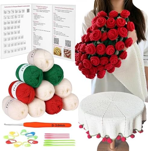 Yarniss Rose Crochet Blanket Kit for Beginners,Yarn & Video Tutorial