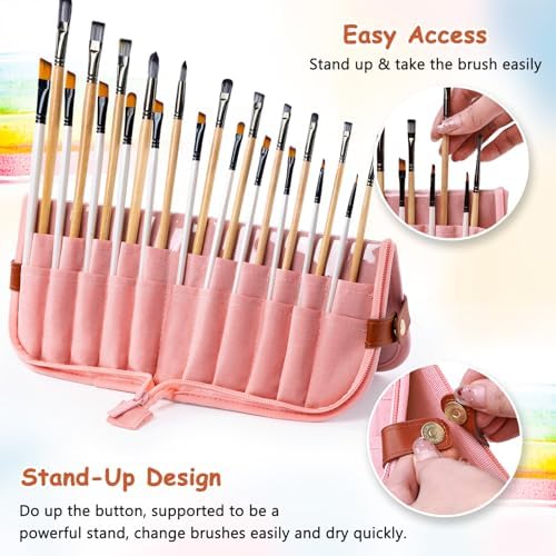 Paint Brush Holder Case for Artists with 22 Slots, Brush Organizer with Pop-Up Stand, Travel Paintbrush Storage Bag for Acrylic Oil Watercolor, Zippered Art Brush Cover (Brushes Not Included)