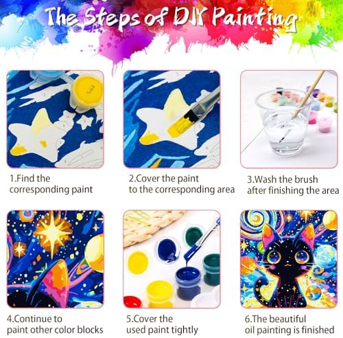 Yunnuo Paint by Numbers Kit for Adults Cat,Adult Paint by Number Kits on Canvas,Painting by Numbers for Beginners Black Cat and Starry Night,DIY Oil Painting Kit for Home Wall Decor Gift (16x20 Inch)