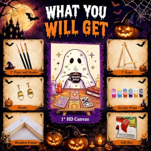 Halloween Paint by Numbers Kit for Kids with Frame Easel Ghost 8x12 inch