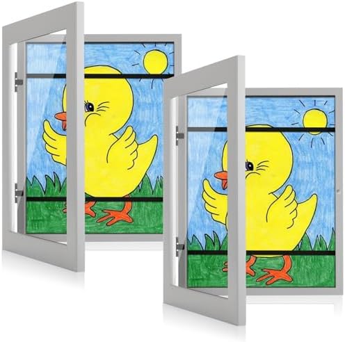 [2-Pack] Kids Art Frames, 9x12 Front Opening Kids Artwork Frames Changeable, Gray Artwork Display Storage Frame for Wall, Holds 50 Pcs, for 3D Picture, Crafts, Children Drawing, Hanging Art, Portfolio