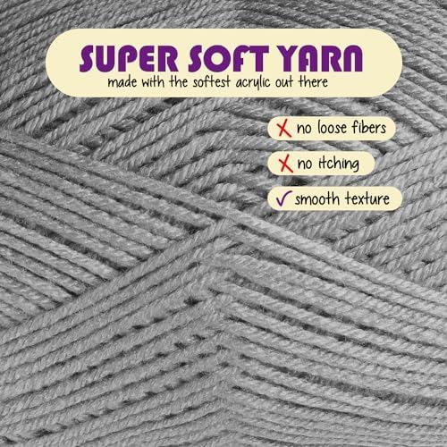 Acrylic Yarn for Crocheting & Knitting – Soft Crochet Yarn for Crocheting, 370 Yards, Perfect for Crafts & Amigurumi, Medium Worsted Weight 4, Grey