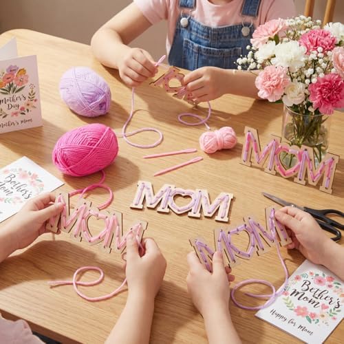 Kathfly 24 Sets Mother's Day Wooden Craft Kit, Wood Mom String Craft Ornaments with Yarn and Plastic Weaving Tools, DIY Lacing Art Hanging Decorations for Activities Handcraft Gifts