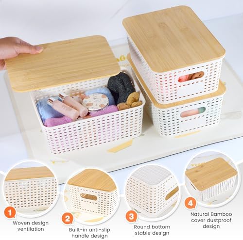 Ohmlove 6 Pack Plastic Storage Baskets with Bamboo Lids for Organization