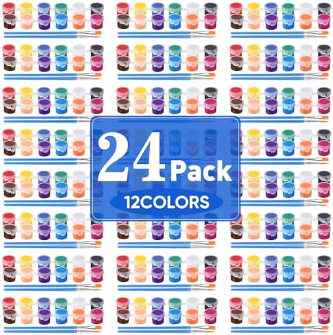 24 Pack Mini Acrylic Paint Set, 12 Colors Acrylic Paint Strips with 48 Brushes, Washable Paint for Kids & Adults Craft, 336 PCS Painting kit for Easter Eggs, Birthday, Party Favor, Classroom Art Gifts