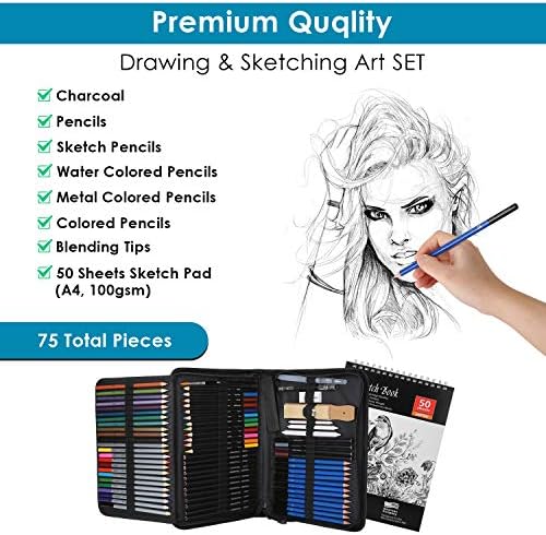 AGPTEK Drawing Pencils Set, 75-Piece Art Supplies Color Drawing Pencils Set Contains Sketch Pencils, Charcoal Pencils, Water Colored Pencils and Metal Colored Pencils for Kids, Adults and Artist