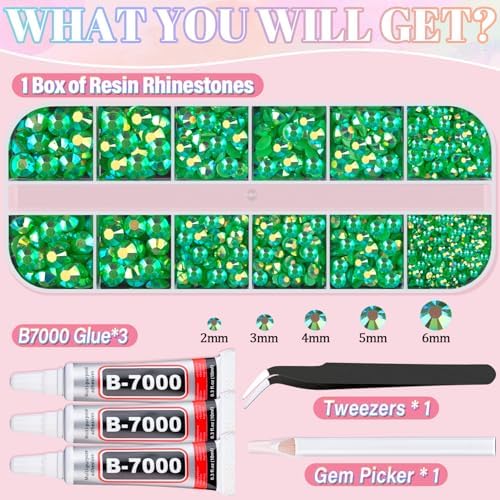 Resin Rhinestones for Crafting with 3Pcs 10ml B7000 Jewelry Glue, 1 Box Dark Green AB Flatback Gems Crystals Diamond for Bedazzling Crafts DIY Nail Art Makeup, Gems for Clothing Tumblers Shoes