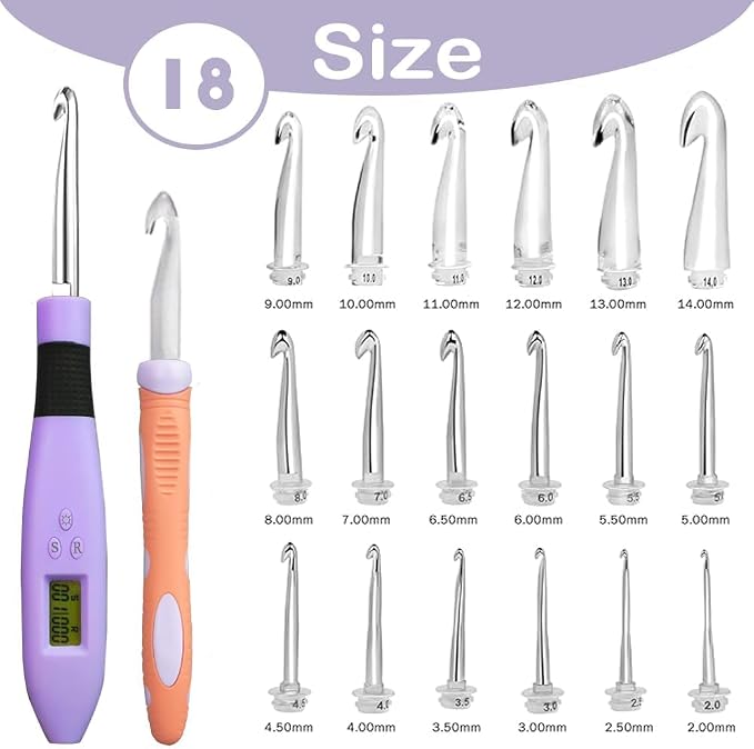Yarniss 18 Size Digital Counting Crochet Hooks Set with Light 2.0mm~14.0mm