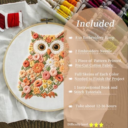 FONNUY Floral Owl Embroidery Kit for Beginners, DIY Handmade Flower Animal Embroidery Set with Hoop, Stamped Cross Stitch Kit for Adults, Unique Home Wall Art Decor & Craft Gift (Orange)
