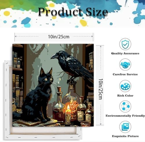 Halloween Paint by Numbers Kit for Adults-Cat & Crow, Oil Painting 10x10In