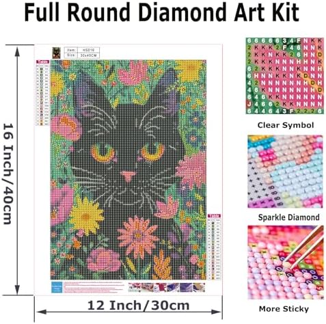 Black Cat Diamond Art Kits for Adults, 5D Wild Flower Cat Diamond Painting